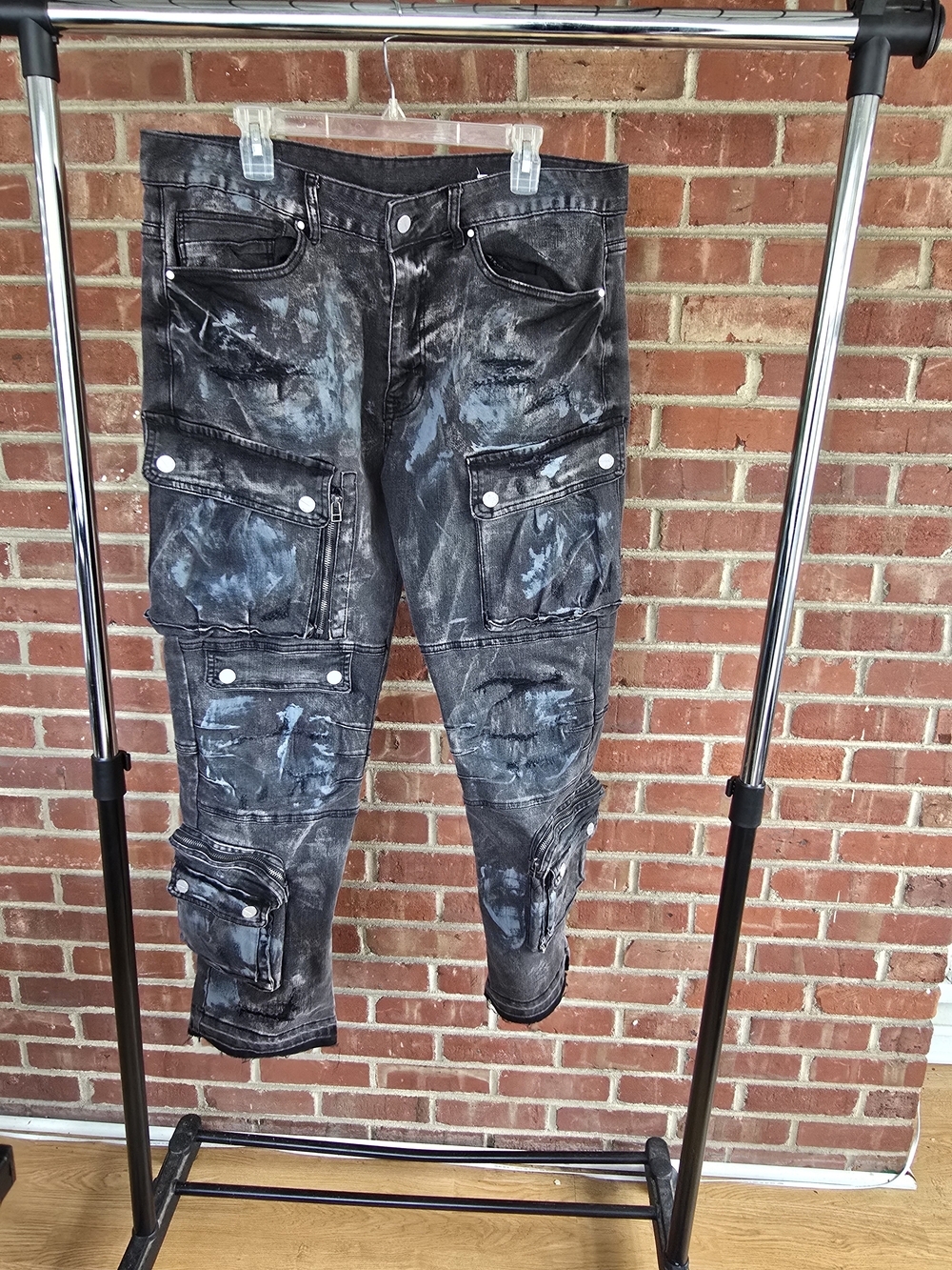 Men's Black Acid-Wash Cargo Jeans